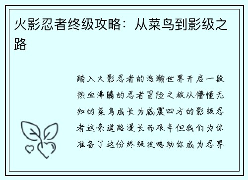 火影忍者终级攻略：从菜鸟到影级之路